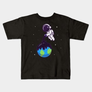 Cute Astronaut Pouring Space On Earth Cartoon Kids T-Shirt